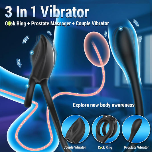 Penis Ring with Prostate Massager for Men - Buttplug with Female Clitoral Vibrator, Vibrating Cock Ring with Anal Butt Plug, Prostate Vibrator Prolong Pleasure with Remote, Sex Toys for Couple