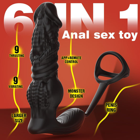 Fast Thrusting Prostate Massager Anal Vibrator for Men, 6-in-1 Vibrating Male Anal Toys with Silicone Cock Ring, Thrusting Anal Dildo Adult Sex Toy with Remote Control and APP