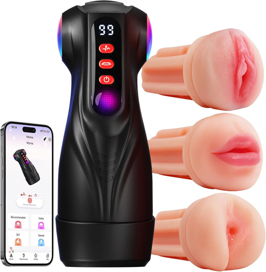 Male Masturbator Sex Toys for Men - 3 Sleeves Pocket Pussy Penis Pump with 9 Sucking & 9 Vibrating, APP Control Mens Sex Toy Adult Toys, Colorful Lighting Stroker Blowjob Sex Machine Novelties