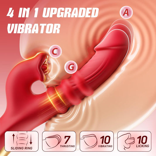Thrusting Vibrator Sex Toys, Dildos Adult Sex Toy for Women G Spot with Sliding Ring 7 Thrusting Realistic Dildo & 10 Tongue Licking 10 Vibrating Modes, Rabbit Vibrators for Female Couple Games